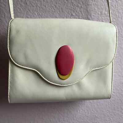 #ad Vintage Giovenco Soft Leather Shoulder Bag White w Pink Emblem Made in Canada $67.99