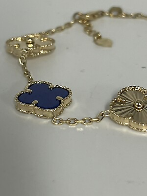 #ad Beautiful 14k Gold Link Solid Lapis And Gold Flowers 8” Bracelet $1172.99