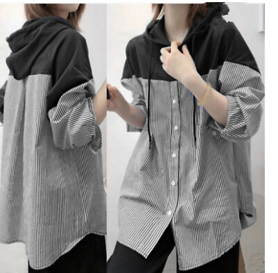 #ad Women#x27;s Versatile Loose Hooded Long sleeved Top Jacket Striped Shirt Sweatshirt $25.51