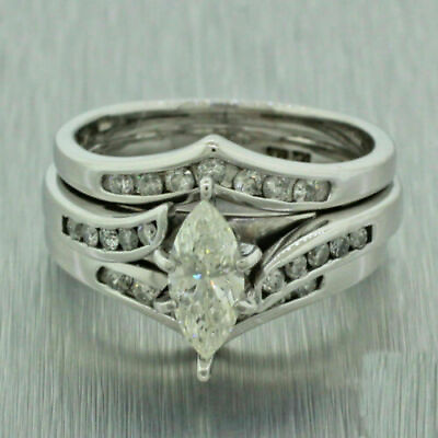 #ad 14K White Gold Wedding Bridal Trio Ring Sets 1.45Ct Marquise Lab Created Diamond $350.00