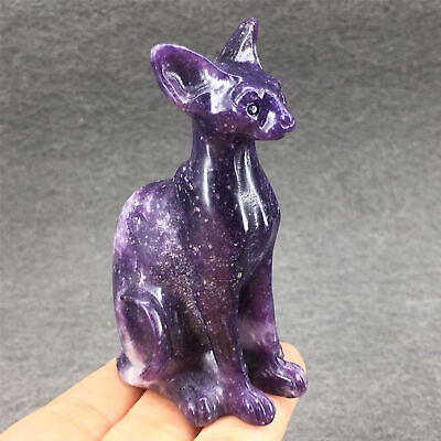#ad Natural Crystal Carved Cat Purple Cloud Mother Healing Minerals Specimen Reiki $38.99
