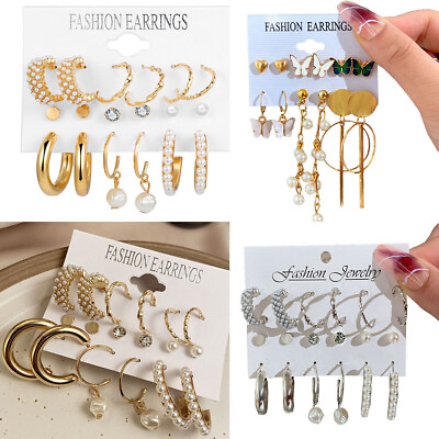 #ad 6Pcs Set Tassel Earrings Geometric Pearl Ear Jewellery Rhinestone Stud New US $3.06