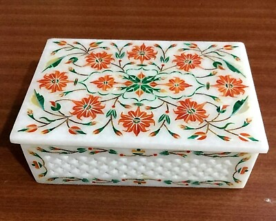 #ad Pietra Dura Art Jewelry Box for Dressing Table Decor White Marble Trinket Box $225.00