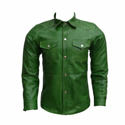 #ad Real Lambskin Leather Casual Stylish GREEN Men#x27;s Shirt Handmade Biker Motorcycle $115.42