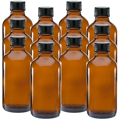 #ad Alayna 4 oz Amber Glass Boston Round Bottles With Black Ribbed Cap 12 Pack $19.99