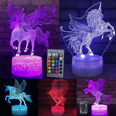 #ad 3D Illusion LED Night Light Unicorn Peacock Table Lamp Gift Remote Touch Control $19.94