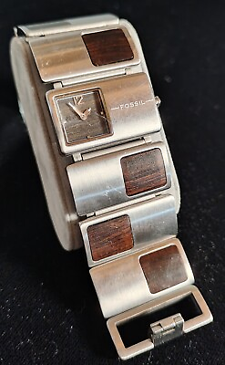 #ad Rare Women#x27;s Square Bracelet Fossil Watch Stainless with Mahogany Wood Inlay  $39.99