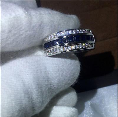 #ad 1.60Ct Princess Blue Lab Created Diamond 14k White Gold Wedding Bridal Band Ring $238.40