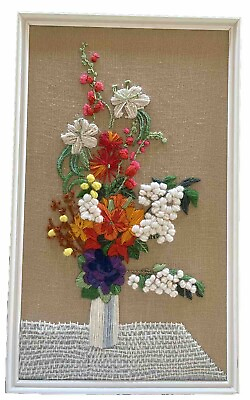 #ad Beautiful Brightly Colored Vintage Framed Crewel Floral Artwork 25quot; x 15quot; $99.99