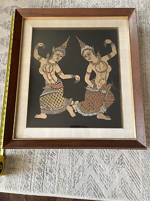#ad Vintage Framed Black Gold Hindu Asian Dancing goddess Temple Rubbing Shadow box $30.00