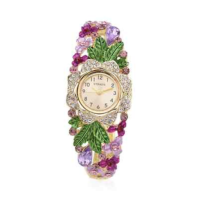 #ad STRADA Japanese Movement Crystal Purple Glass Flower Leaf Bangle Bracelet Watch $19.59