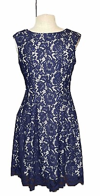 #ad VINCE CAMUTO Women’s 8 Dress Navy Lace Over Natural Nylon Cotton Rayon $22.00