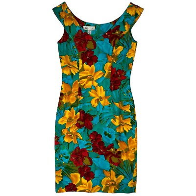 #ad 90s Gillian 100% Silk Tropical Floral Shift Dress Size 8 Botanical Summer VTG $49.95