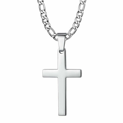 #ad Mens Silver Cross Pendant Necklace Stainless Steel Figaro Necklace Chain 18quot; 30quot; $9.39