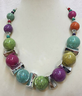 #ad Necklace Colorful Marble Beads Plastic Silver Spacers Chunky 20quot; Stone Like $16.99