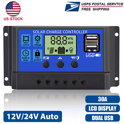 #ad 30A Solar Panel Battery Charge Controller 12V 24V LCD Regulator Auto Dual USB US $7.99