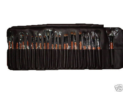 #ad 24 pcs Cosmetic Makeup Wooden Handle Brush Professional Pouch Brown Case NEW $15.92