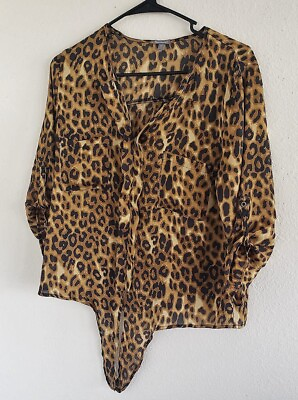 #ad Charlotte Russe Womens Leopard Print Long Sleeve Rolled Tab V Neck Blouse Size M $6.97