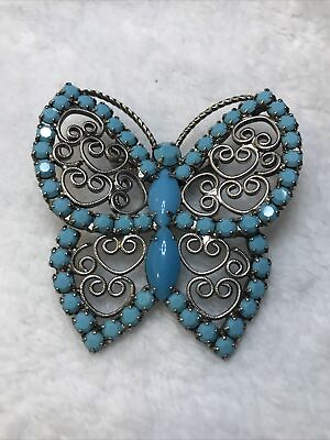#ad Butterfly Turquoise Blue Tone Stones Spiral Metal Brooch Or Pendant Style Fancy $19.00