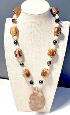 #ad Chunky Beaded Pendant Necklace Beautiful Shades of Brown 20quot; Stone Pendant 2.5quot; $7.99