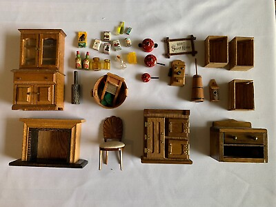 #ad Lot of Vintage Dollhouse Miniatures: Furniture Kitchen Supplies Wooden $49.95