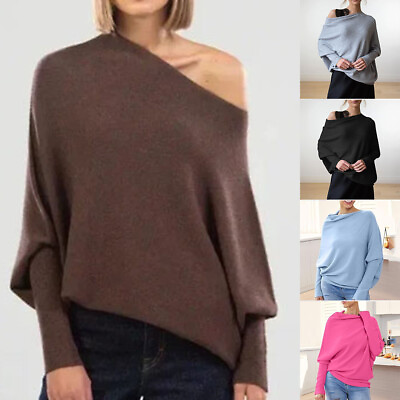 #ad New Ladies Slouch Batwing Long Sleeve Casual Plain Soft Knitted Jumper Elegant $19.13