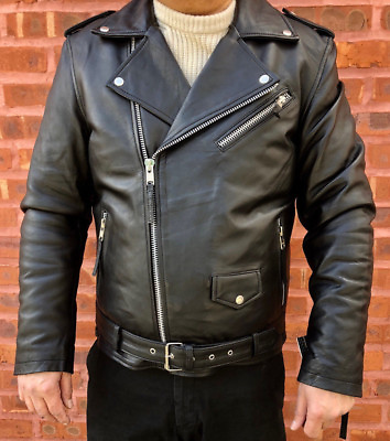 #ad Mens Light Weight Spring Genuine Leather Biker Jacket Slim Fit Moto Racer Black $199.99