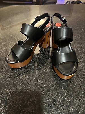 #ad MIA Womens Platform Heels 7 Black Brown Buckle Strap Faux Wood Heels Open Toe $19.99
