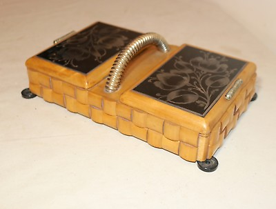 #ad vintage handmade wood sterling glass Folk Art smoking cigarette box case caddy $143.99