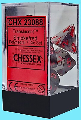 #ad CHESSEX 7 POLYHEDRAL DICE SET TRANSLUCENT SMOKE w RED NUMBERS CHX23088 rpg Damp;D $11.29