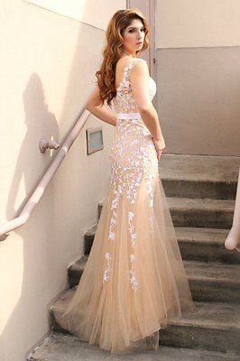 #ad Champagne Elegant Mermaid Lace Long Prom Wedding Dress $100.00