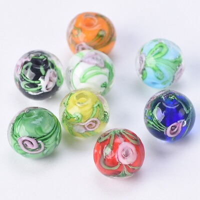 #ad 5pcs Round 12mm Handmade Flower Pattern Lampwork Glass Loose Beads DIY Jewelry $2.98