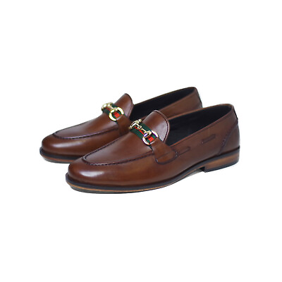 #ad Brown Handmade Leather Loafers Formal Shoes Horsebit Buckle High Quality $145.00