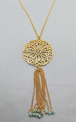 #ad Sterling Forever Pendant Necklace Gold Tone Mandala With Chain Aqua Bead Tassel $18.99