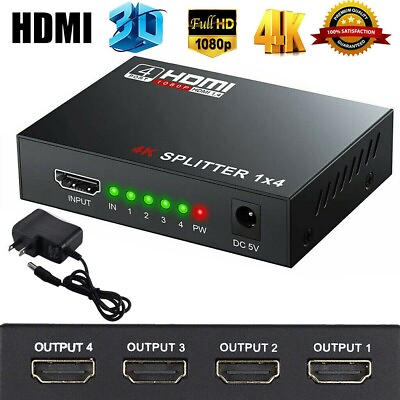 #ad HD 4K 4 Port HDMI Splitter 1x4 Repeater Amplifier 1080P 3D Hub 1 In 4 Out $10.99