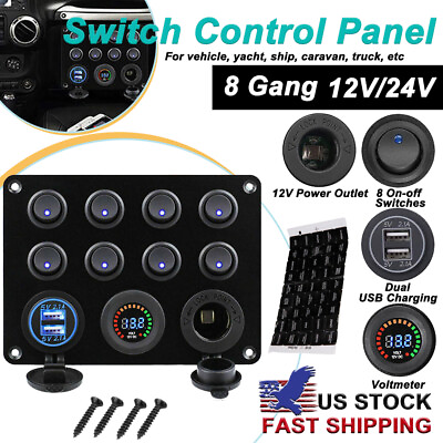 #ad Car 8 Gang 12V Switch Panel LED Rocker USB ON OFF Toggle For Boat Marine Caravan $26.99