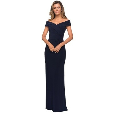 #ad LA FEMME 27959 Pleat Ornate Off Shoulder Formal Jersey Navy Gown Size 12 $150.00