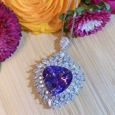 #ad Vintage Style Heart Blue CZ Gemstone Pendant Necklace Women 14K Solid White Gold $389.54