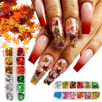 #ad 12Colors Autumn Maple Leaf Nail Art Glitter Sequins Holographic Nail Tips Decor $3.49