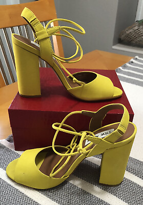 #ad Steve Madden Serrina Yellow Leather Block High Heels Ankle Wrap Open Toe Size 8 $22.99