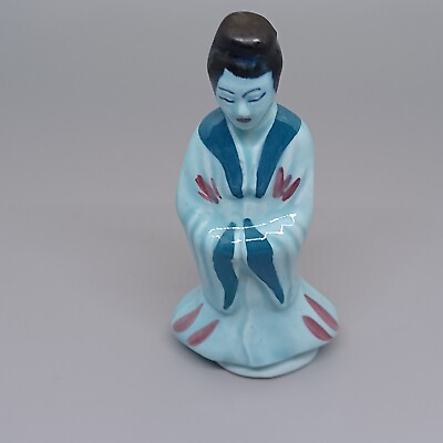 #ad Demure Porcelain Ceramic Japanese Maiden Small Woman Figurine Blue 3.5quot; Tall $13.15