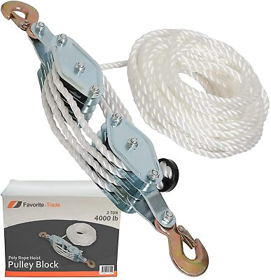 #ad Poly Rope Hoist Pulley Block 4000 LB 2 Ton 65 Feet of 3 8 “ 7:1 Lifting Pow... $54.89