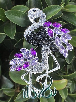 #ad Vintage Flamingo Birds Crystal Rhinestone Pin Brooch Glass Purple Silver Tone US $11.99