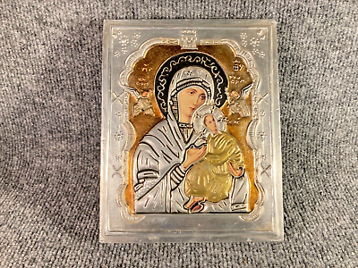#ad Vintage Orthodox Icon Metal Virgin Mary Jesus Byzantine Wall Plaque 6 3 8 x 8” $39.95
