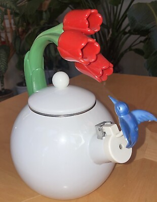 #ad Ancona Whistling Tea Kettle Pot Red Tulips Blue Hummingbird Enamel 90#x27;s Nice $129.99