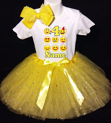 #ad Emojis *With NAME* 4th Fourth 4 Birthday Yellow Tutu Dress Fast Shipping $20.54