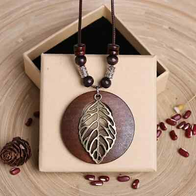 #ad Wooden Pendant Necklace With Leaf Fashion Shape Pendant Long PU Leather Gift New $9.98