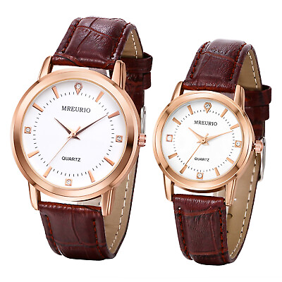 #ad Men Women Business Classic Fashion Brown Leather Band Couple Quartz Wrist Watch $11.39