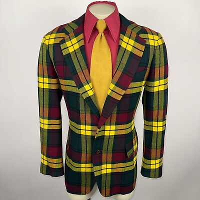 #ad Vintage 60s 70s Suit Jacket Blazer Mens 44 Long Wool Plaid Sport Coat Disco Mod $99.99