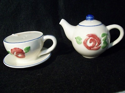 #ad Ceramic Teapot amp; Teacup Salt amp; Pepper Shakers Floral Design $16.00